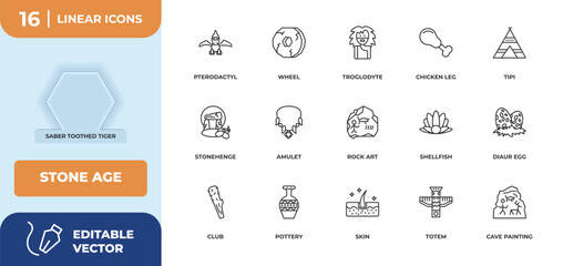 outline icons set - stone age concept. saber toothed tiger, pterodactyl and more. © IconArt