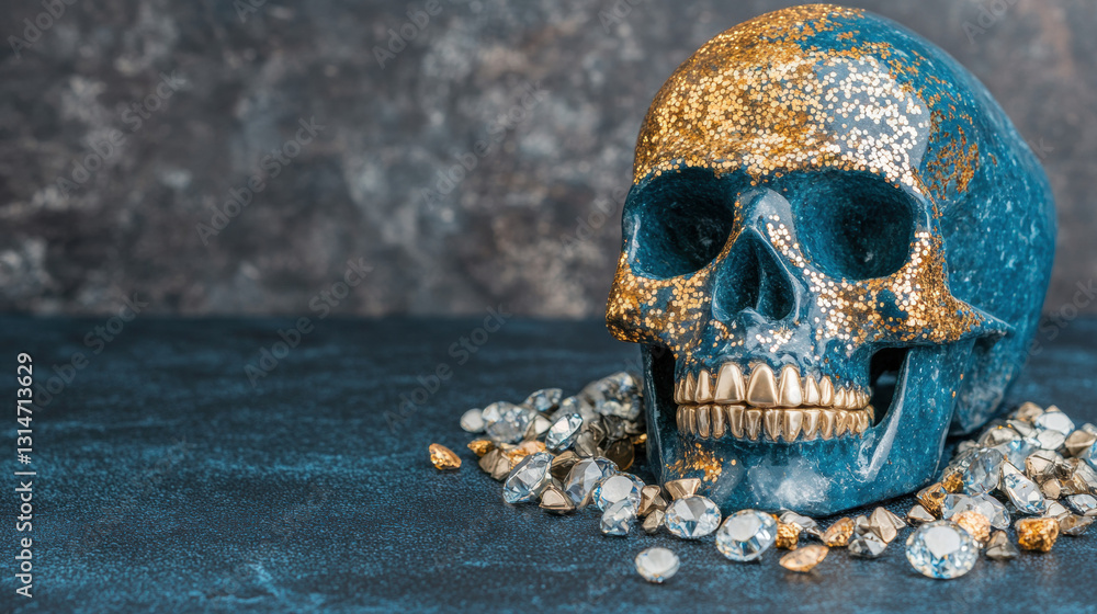 Poster skull and gems, a polished obsidian skull surrounded by shimmering effects in a high-resolution imag