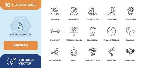 outline icons set - sports concept. boy with skatingboard, ski boots and more.
