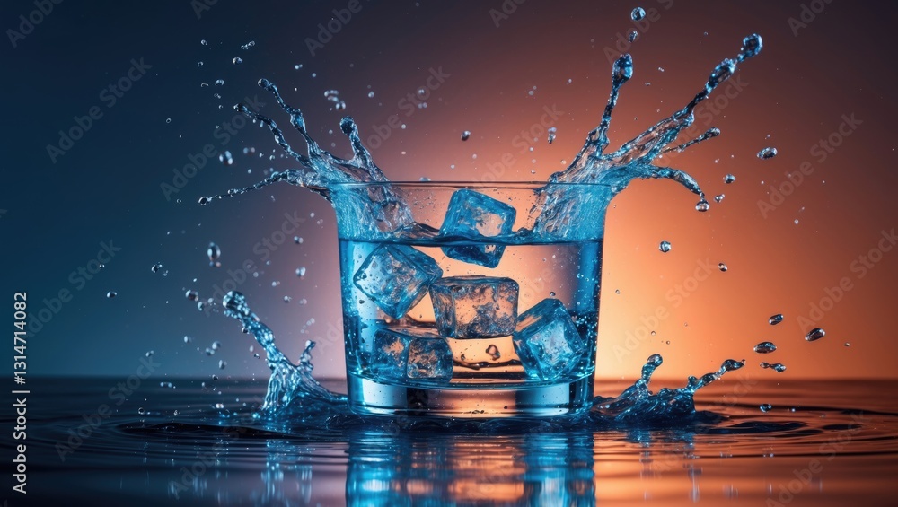 Poster bursts of water. a whiskey glass with ice cubes and splashes of water placed on a reflective surface