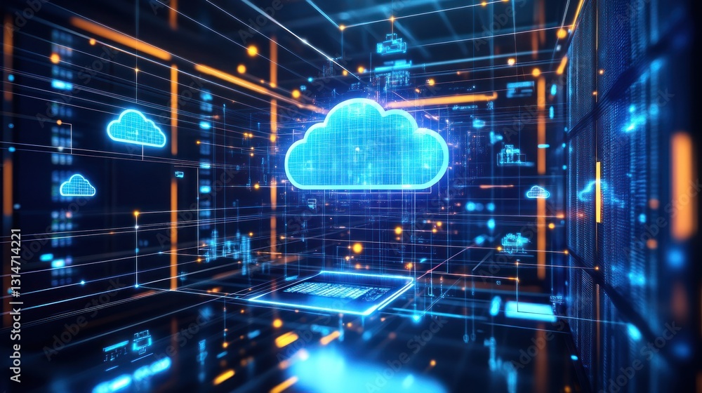 Poster futuristic digital cloud computing environment with data flow