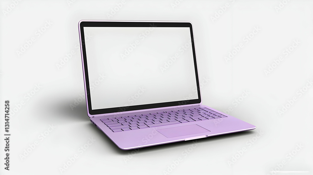 Poster 3d render of a purple voxel laptop open with blank white screen on a light gray background