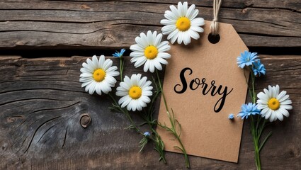 Obraz premium Calligraphy card with the inscription Sorry, featuring adorable wildflowers, capturing sincerity and tenderness, and evoking a heartfelt emotion and genuine apology, along with grace and simplicity.