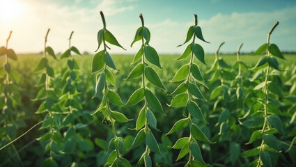 Fototapeta premium Agricultural soy plantation backdrop on a sunny day, banner. Green immature soybeans within the pods.