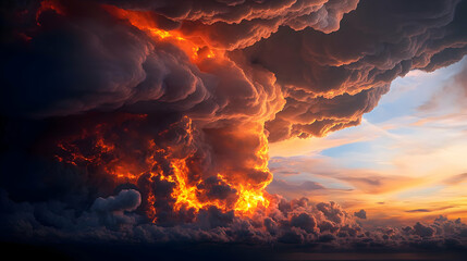 Dramatic Sunset Sky With Fiery Orange And Dark Cumulus Clouds Creating A Breathtaking Atmospheric Display