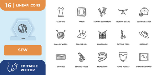 outline icons set - sew concept. yarn, clothing and more.