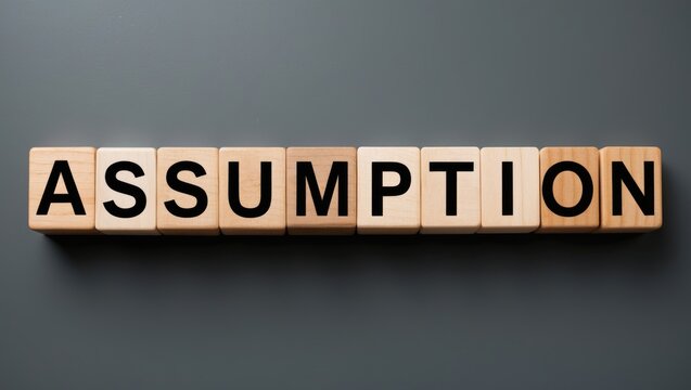 Words formed from wooden blocks with letters representing "Assumption," with no proof accepted as true assumption concept, viewed from above against a gray background.