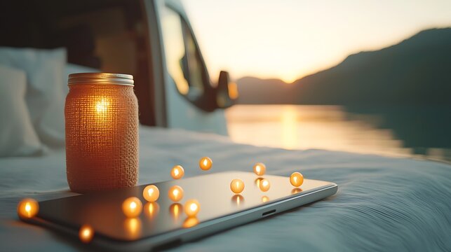 Relaxing evening with candles and laptop lakeside retreat lifestyle sunset glow cozy vibe