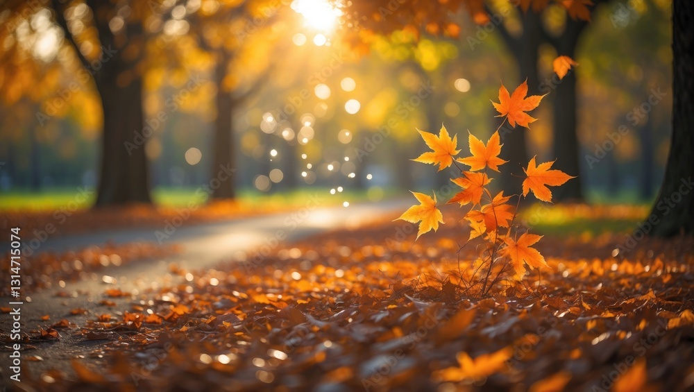 Poster Autumn leaves illuminated by the sun with blurred trees in the background.