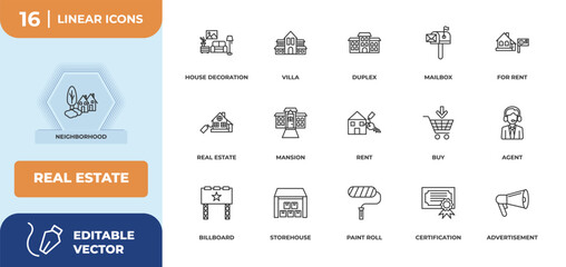outline icons set - real estate concept. neighborhood, house decoration and more.