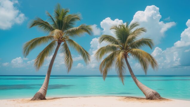 Trendy summer arrangement featuring coconut trees with beach sand in the backdrop. Minimal summer theme. Creative art, contemporary style. Banner background offering writing space and copy space.