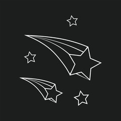 Vector outline shooting stars icon with stroke isolated on black Background. Flying comet simple symbol. Planetary object. Astronomy, space theme pictogram. Vector falling stars.
