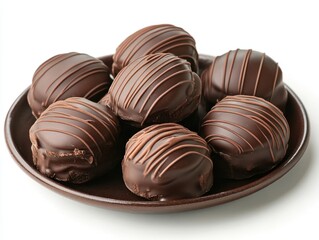 Decadent dark chocolate truffles elegantly arranged on a brown plate against a pristine white background capturing indulgence and gourmet delight
