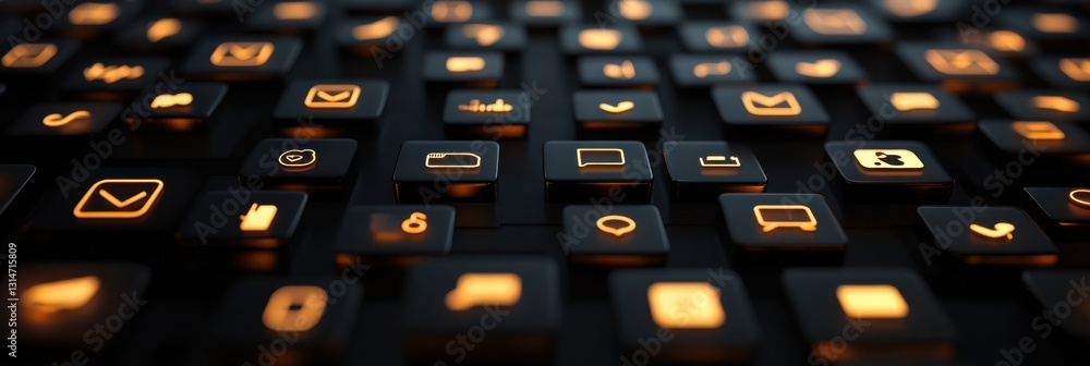 Aufkleber Glowing social media icons arranged on a dark keyboard with vibrant illumination and space for text at the bottom