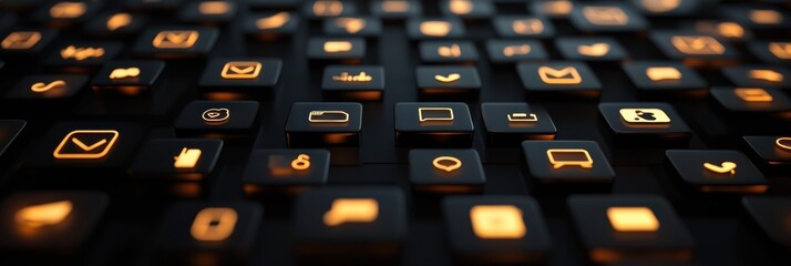 Obraz premium Glowing social media icons arranged on a dark keyboard with vibrant illumination and space for text at the bottom