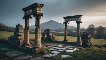 Ancient ruined classical column and flagstones in a rural landscape with a view of a distant mountain.