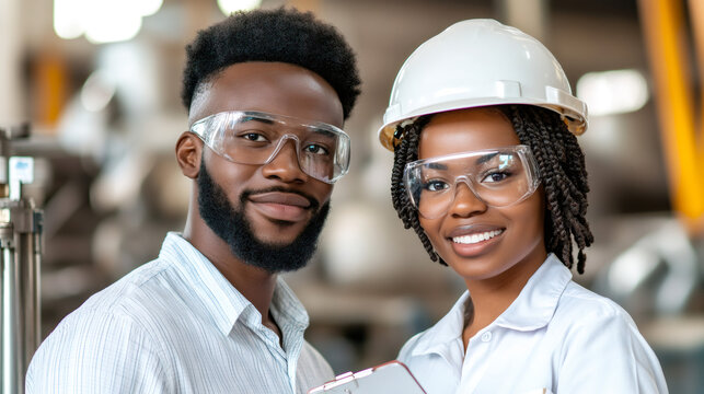 Industrial engineers discussing project details near robotic equipment, representing teamwork in high-tech manufacturing environment - Powered by Adobe