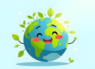 Happy Earth Character with Green Leaves