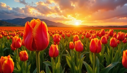 Vibrant tulips blooming at sunset in a colorful field