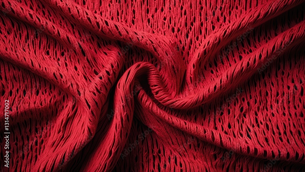 Poster Close-up view of a knitted wool fabric background featuring a dots pattern. Bright red crumpled knitting wool knitwear texture. Openwork abstract knitted jersey fabric serving as an abstract backdrop.