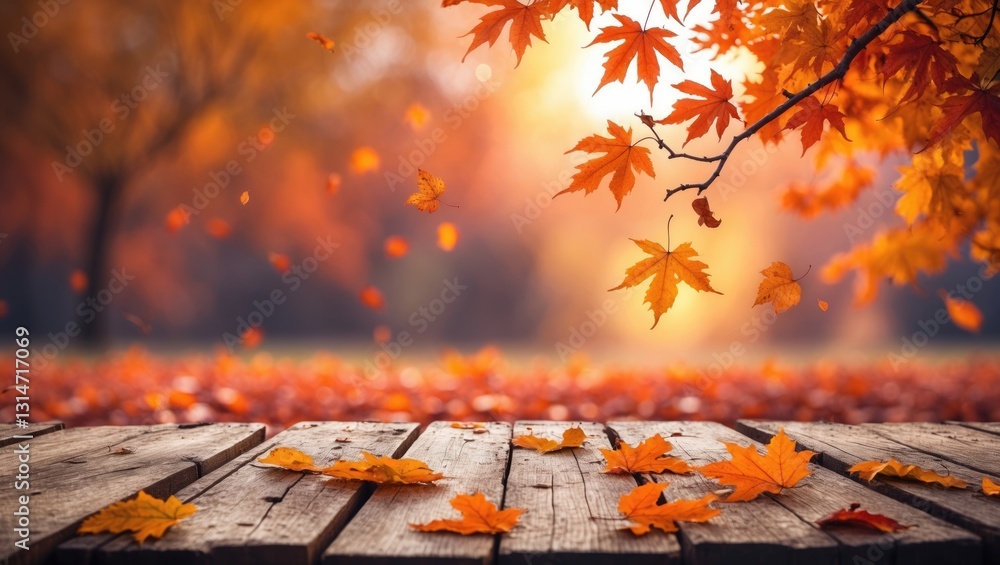 Poster Autumn - Wooden Table Displaying Orange Leaves Against a Defocused Abstract Background