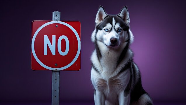 A husky dog sitting next to a red stop sign against a purple background, embodying a playful defiance