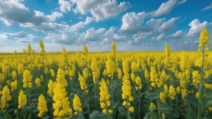 Blooming rapeseed in a field of yellow flowers under a blue sky with clouds. Agricultural landscape featuring rapeseed plants. Oilseed, canola, colza. Yellow flower meadows in full bloom.