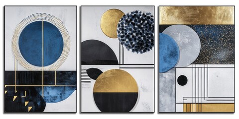 Abstract Triptych of Blue, Gold, and Black Circles and Geometric Shapes on White Background.