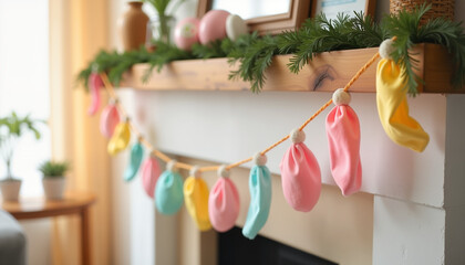 Colorful pastel Easter garland draped across mantle, festive decor