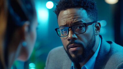 Close-up of a businessman reacting with shock and surprise to news during a meeting, illuminated by dramatic blue light