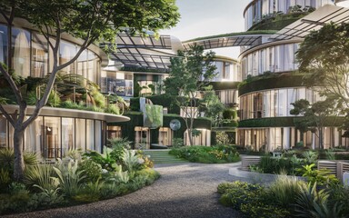 futuristic eco-city with lush greenery, Lush courtyard within sustainable modern complex