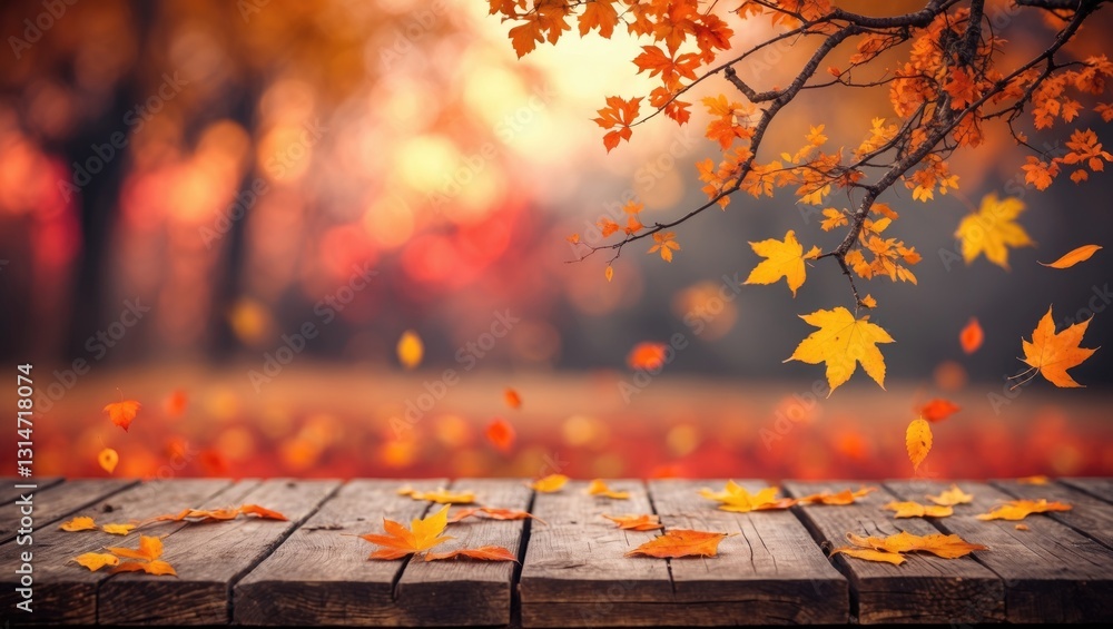 Poster autumn - wooden table featuring orange leaves with defocused abstract background