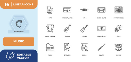 outline icons set - music concept. tambourine, mp3 and more.