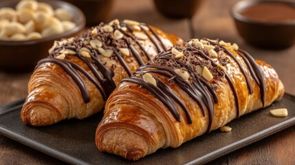 Decadent Chocolate Drizzled Croissants with Almonds and Chocolate Shavings on a Dark Plate Delicious Pastry