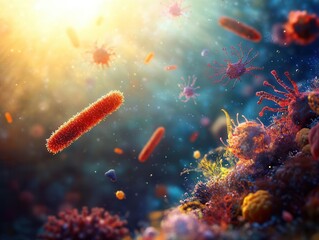 Naklejka premium Exploring the vibrant microscopic world filled with colorful microorganisms and hidden life forms in sunlight. Generative AI