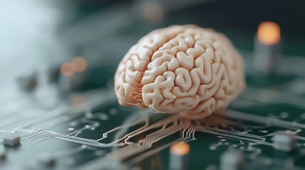 Abstract image of a human brain merging with a computer circuit . 