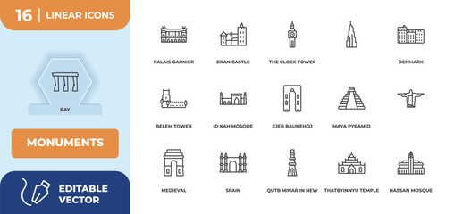 outline icons set - monuments concept. bay, palais garnier and more.