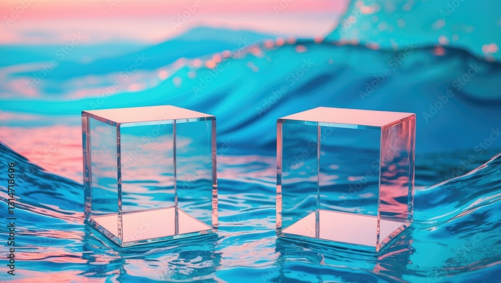 Poster two transparent square podiums made of clear glass are positioned on a translucent blue backdrop fea