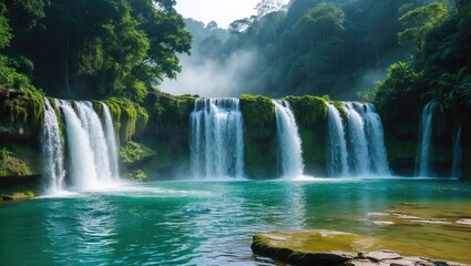 Fototapeta premium Ban Gioc waterfall located in the north of Vietnam. The main features of Ban Gioc are split into two sections.