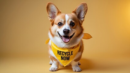 A cheerful corgi wearing a yellow bandana with eco-friendly text on a bright yellow background, showcasing its playful personality