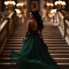 Fototapeta premium powerful woman in emerald gown on grand staircase looking over shoulder