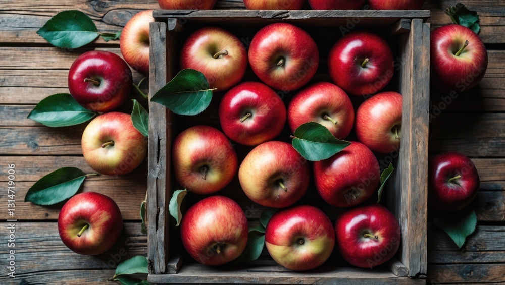 Poster ripe red apples displayed in a wooden box. overhead view with space available for text.