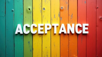 Background featuring a wooden surface in rainbow colors with the word ACCEPTANCE. Concept - acceptance and agreement among individuals.