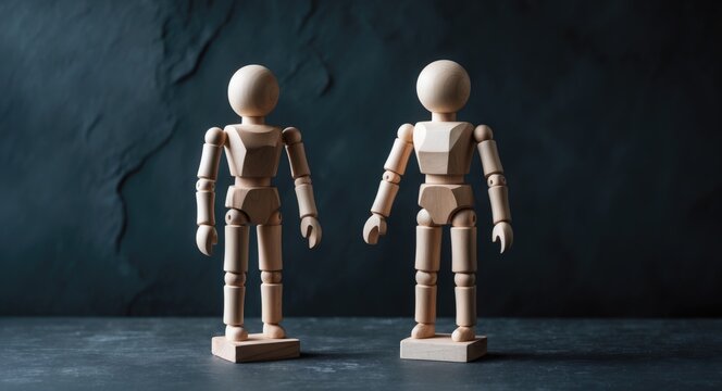 Assertiveness and confidence theme. Two wooden figures positioned on a dark surface.