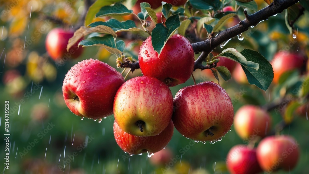 Leinwandbilder autumn day in a rural garden with ripe red apples on a tree during rain. horizontal color image.