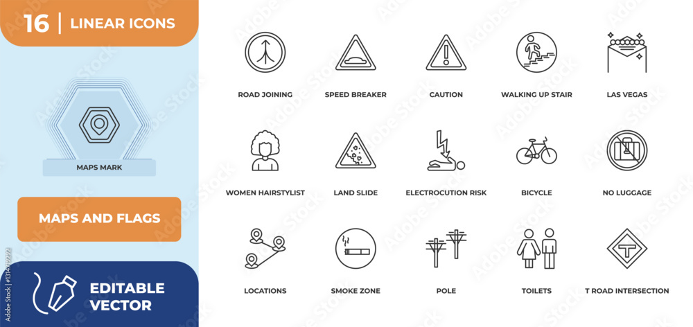 Poster outline icons set - maps and flags concept. maps mark, road joining and more.
