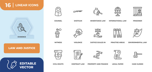 Naklejka premium outline icons set - law and justice concept. evidence, counsel and more.