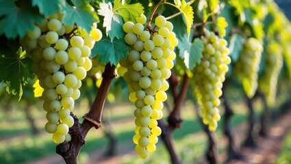 Fototapeta premium Ripe Chardonnay grapes growing on the vine.