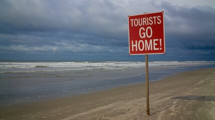 "Empty Beach with 'Tourists Go Home!' Sign Against Dark Overcast Sky"