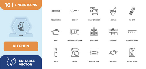 outline icons set - kitchen concept. beer, rolling pin and more.